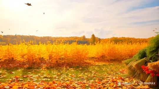大自然风光，秋天景色，秋收场景，鸟语花香[右摇,变焦推进] by Hailuo AI Video Generator