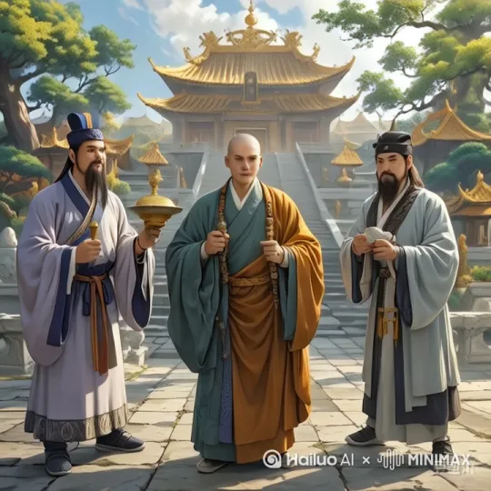 车迟国斗法，突出三位大仙的压迫感，画面灰暗[左移,右摇,跟随] by Hailuo AI Video Generator