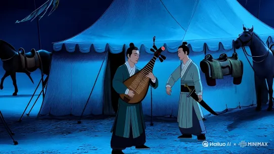 **主体**：帐篷外三名将士（一人怀抱琵琶弹奏，两人扶腰刀起身）。  
- **场景**：帐篷外拴着战马，马鞍挂长枪，背景有残破军旗。  
- **动态设计**：琵琶弦颤动，战马仰头嘶鸣，士兵衣角被风吹起。  
- **风格**：粗犷笔触水墨，冷青色月光。  
- **质量词**：动态模糊，中国古代。 by Hailuo AI Video Generator