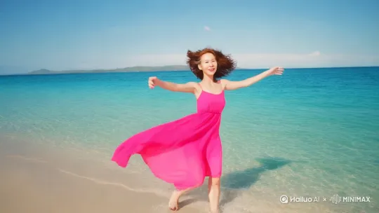 在一个碧水蓝天的沙滩上，我身穿一身粉红色的沙滩裙在沙滩上伸展双臂，迎着风漫步转身转圈，情景真实，画面清晰真实 by Hailuo AI Video Generator