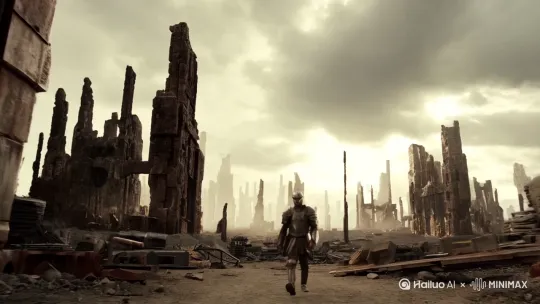 [推出,上升,下摇]r上古武士在末世感的废墟上行走 by Hailuo AI Video Generator