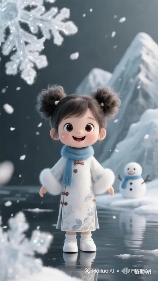 天气让雪花纷纷飘落，小女孩开心的伸出手。雪花落到手心 by Hailuo AI Video Generator
