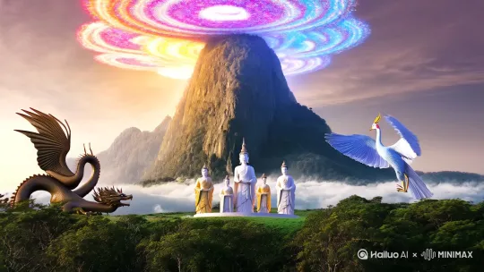 一座美丽的高纵入云的大山，凸现七色祥云，佛菩萨左边龙，右边凤凰飞舞！[推进,上升] by Hailuo AI Video Generator