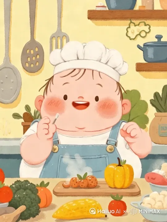 宝宝拿着食物在笑，食物冒着热气，左边一缕阳光透过来 by Hailuo AI Video Generator