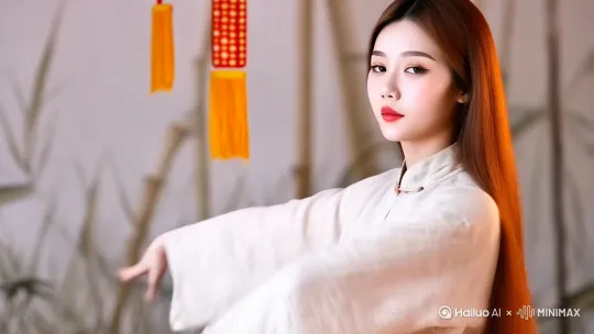 上身穿中式，盘扣棉袄下身穿包臀棉裙儿，优雅的跳舞 by Hailuo AI Video Generator