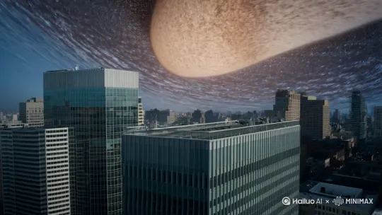 站在地球的高楼上，抬头看向天空，天上已经变成一个巨大的很海漩涡，突然被引力吸住，差点掉入漩涡中 by Hailuo AI Video Generator