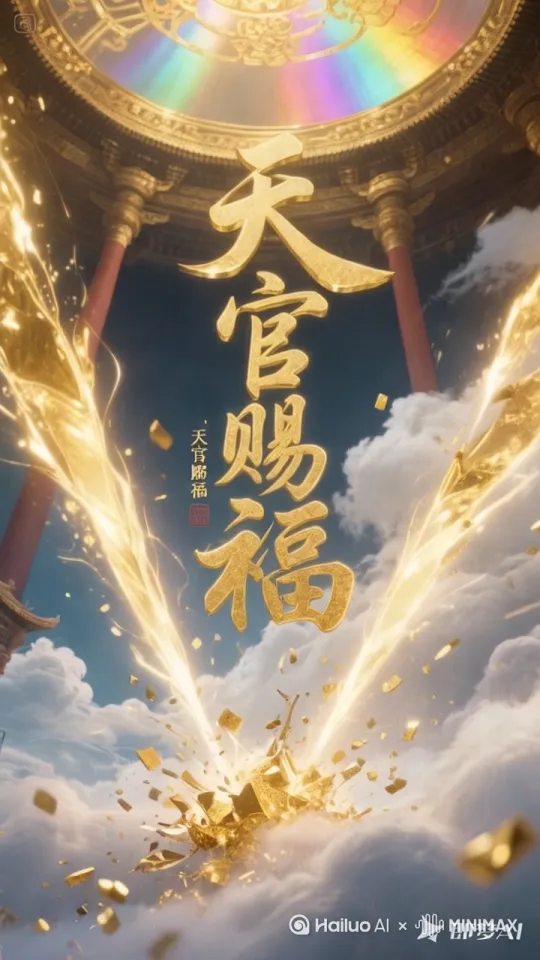 画面：云雾缭绕的金色天宫穹顶折射七彩光
字幕：鎏金篆体书法「天官赐福」

环绕运镜
画面：五爪金龙与金色五彩凤凰交错盘旋，龙须凤翎扫过处，金币如暴雨倾泻
特效：金元宝地面生成动态富贵牡丹纹 by Hailuo AI Video Generator