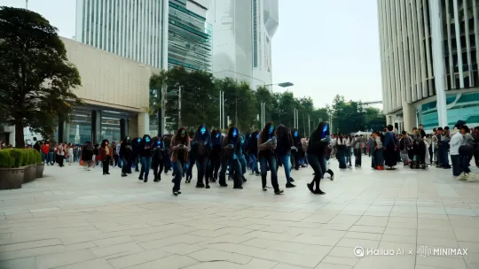 万达广场一群僵尸快速前进，每个僵尸都在看手机 by Hailuo AI Video Generator