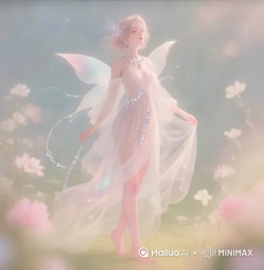 图中人物行走中，裙摆带起地上花瓣，氛围浪漫，有星星一样的细闪，体现图中人物高不可攀的圣洁美丽感觉。[左移,右摇,跟随] by Hailuo AI Video Generator
