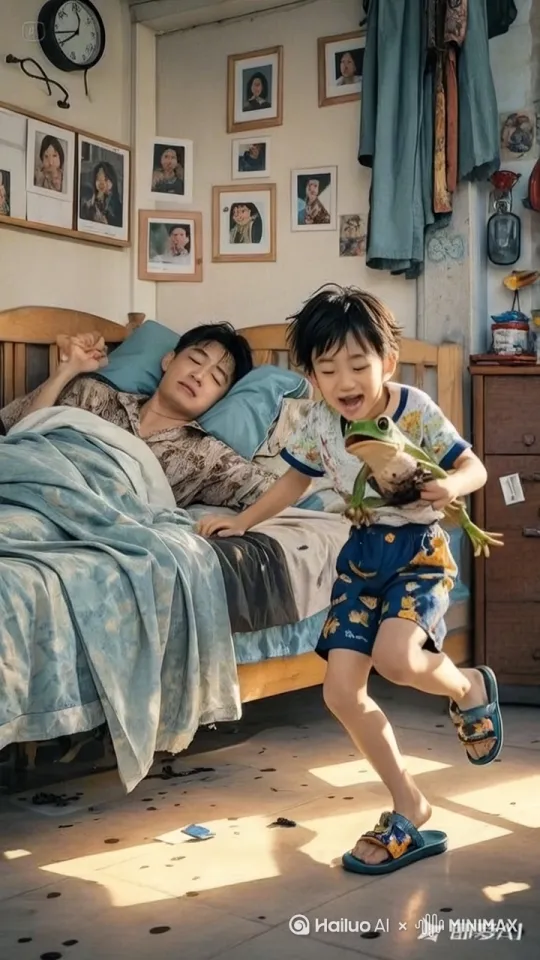 小男孩把青蛙放在躺在床上的男人的脸上。男人从梦中惊醒，睁开眼睛，看到自己脸上赫然趴着一只青蛙，吓得魂飞魄散，从床上跳了起来，在床上乱蹦，表情惶恐。小男孩看到自己的恶作剧成功，兴奋的大声尖叫，手舞足蹈， by Hailuo AI Video Generator