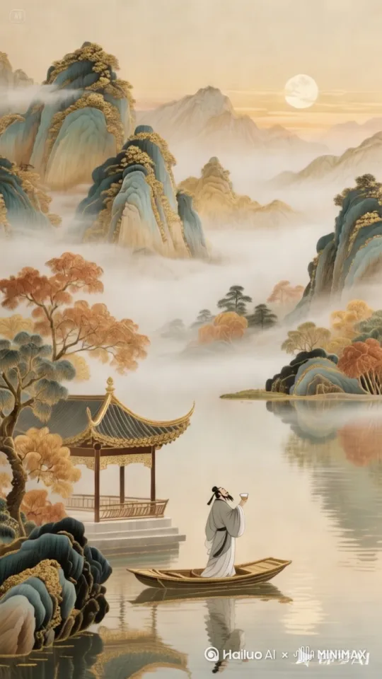 广角，云雾缭绕，水波荡漾，主体举杯高歌[右移,左摇,跟随] by Hailuo AI Video Generator