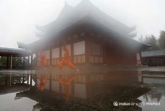 两位武僧在朱红宫墙与青灰瓦顶的千年古寺前展开激烈招式对决，青石板地面倒映着腾挪身影，采用希区柯克式悬疑构图：全景视角囊括层叠飞檐，超广角低机位仰拍形成空间压缩感，斜侧硬光勾勒肌肉线条，高反差布光定格腾空侧踢与格挡瞬间，运动模糊与清晰主体并存的动态摄影 by Hailuo AI Video Generator