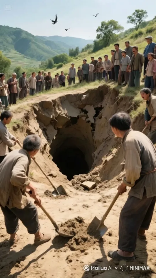 镜头移动，动态跟随，拿着铲子的村民正往洞铲土，只见洞里冒出五彩霞光，飞速的先后跑出三只白色天马，一只体硕健壮高大威猛，一只矮小可爱，一只美丽漂亮，三只天马先后踏着洞口的土，都嗖的飞向了天空，长出翅膀一起飞走了。 by Hailuo AI Video Generator