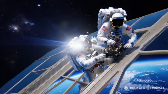 制作室内3D裸眼视频，凸出宇航员在空间站修理空间站，背景为地球及宇宙深空。尺寸比9:16。 by Hailuo AI Video Generator