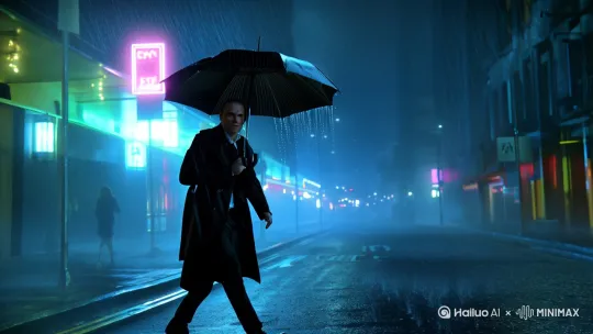 场景:深夜城市街道，霓虹灯闪烁，细雨绵绵
人物:一位身穿黑色风衣的神秘男子，手持一把雨伞，匆匆走过。
事件:男子突然停下脚步，抬头望向一栋高楼，眼中闪过一丝复杂的情绪。
细节:雨水顺着伞骨滴落，模糊了男子的面容。高楼窗户透出昏黄的灯光，隐约可见一个人影晃动，
氛围:悬疑，紧张，充满未知。 by Hailuo AI Video Generator