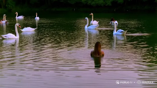 湖面上是人湖面下是白天鹅，湖面上的美女浸泡在胡水里，湖水周围是树木，月亮高悬静谧美好 by Hailuo AI Video Generator