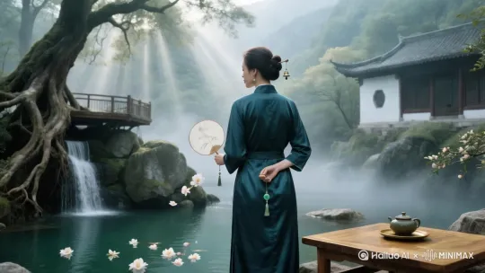 从人物背面视角拉出全景，飞鸟掠过时发簪铃铛声渐隐于自然白噪音 by Hailuo AI Video Generator