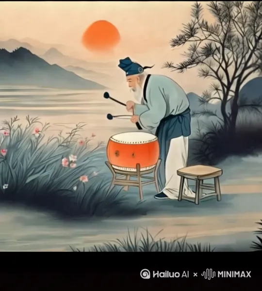 创作一幅中国传统水墨画风格的图像，画面主体是一位古代装扮的老人，他身着灰蓝色上衣与白色长裤，头戴深色帽子，手持鼓槌专注敲击一面置于木架上的橙色大鼓，旁边配有一个简易小木凳。背景构建出山水意境，远处悬挂着橙色落日，近处有枝干清晰的树木，地面覆盖草地并点缀着粉色小花，整体色调柔和淡雅，营造出古朴宁静且富有力量感的氛围，适用于激励或舒缓压力的场景暗示。 by Hailuo AI Video Generator