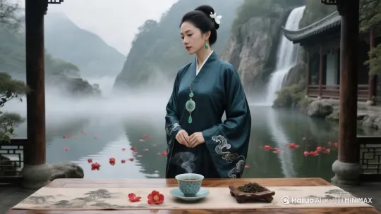 航拍穿越云海展现群山环抱的深潭庭院，镜头推进至潭边站姿人物，山茶花瓣特写随涟漪荡开转场。 by Hailuo AI Video Generator