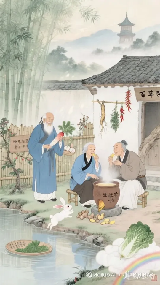 老者俯身浣萝卜(水流反光细节), 竹笠沿滴落水珠轨迹, 铁观音茶汤浇灌药圃(蒸汽升腾特效), 药杵研磨辰砂罐(粉末飘散粒子), 白兔衔药枝跃涧(毛发动态模拟), 布衣老者捻须讲经(衣纹褶皱透光), 竹匾筛晒九制陈皮(光影穿透层次), 柴火噼啪爆燃火星(热浪扭曲空气), 药篓倾斜滚落野菊(惯性运动轨迹), 远山云海吞吐宝塔尖(留白处题"洞泉"篆书)晨雾漫过竹篱形成丁达尔光束, 石锅表面凝结晨露反光(折射率1.33), 人参须根穿透木牌生长(生物拟态细节), 溪面漂浮艾草叶形成星芒纹, 晾晒药草形成色谱渐变带(赭石→藤黄→靛蓝), 霞光穿透岩缝投影针灸铜人, 柴垛投影构成河图洛书纹样, 竹影在石锅投下《黄帝内经》文字, 白兔跃起激起涟漪显现金匮要略残页, 山岚流动带出四季轮回云纹(春梅/夏荷/秋菊/冬松)器物隐喻:药锅铭文"空腹饮"可做旧处理,边缘锈蚀出《伤寒论》条文残片
动态呼应:老者萝卜与白兔形成"药食同源"意象链(萝卜缨飘向白兔食筐)
空间叙事:溪流将画面分为"尝百草"(左)与"养五脏"(右)两个叙事区
色彩逻辑:锅灶暖光(赭石)与晨雾冷光(青灰)形成阴阳对比写实度:85%(保留竹影真实投影)+15%(云雾中浮现《神农本草经》竹简虚影)
时间悖论:晨雾中隐约可见现代制药工厂轮廓(虚焦处理,透明度30%)
生态暗示:白兔瞳孔倒映工业污染警示文字(需用0.3mm勾线笔淡墨晕染) by Hailuo AI Video Generator