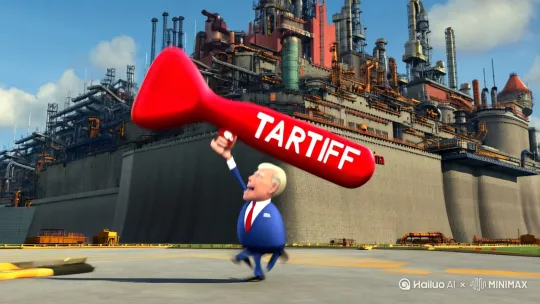 出现一个卡通形象的“懂王”/“拜登”，拿着一个写着“TARIFF”的大棒子，对着一个巨大的、写着“Made in China”的堡垒乱挥，结果棒子打在自己头上，眼冒金星） by Hailuo AI Video Generator