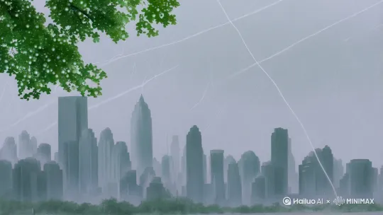 天际线被雨丝缝进灰青色的绸缎里。梧桐叶在风中簌簌抖落水银，柏油路反着釉光，像一条游向远方的青鲤。雾在枝桠间游荡，将红砖楼洇成未干的水彩画。 by Hailuo AI Video Generator