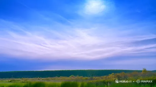 湛蓝天空占满屏幕，云絮如羽毛轻浮，镜头缓缓下移展现蜿蜒的碧色小河，水波泛着碎金般的阳光。河岸绿草地随风泛起柔波，野雏菊与蒲公英在特写镜头中摇曳。 by Hailuo AI Video Generator