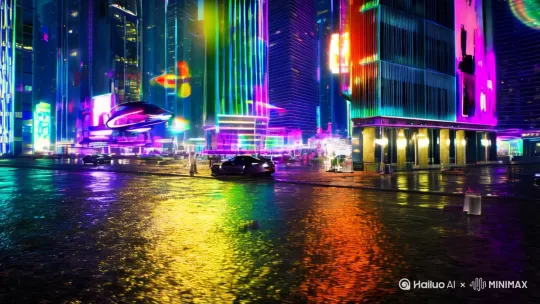 [左移,推进,右摇]霓虹灯闪烁未来城市，高饱和紫色与青色对比，雨后湿漉漉地面反射城市灯光，空中悬浮全息广告，密集高楼间穿行飞行汽车 by Hailuo AI Video Generator