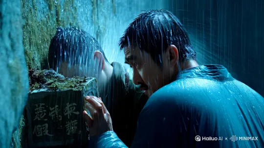 雨丝像银针般刺入后颈时，李三撬开了最后一块封墓砖。腐臭味混着霉斑扑面而来，他反手拽住身后发抖的年轻人："陈默，你确定这是西周长陵？"

墓道里的青铜灯突然自燃，幽蓝火苗映出陈默苍白的脸。这个考古系大学生三天前找到他，说妹妹得了怪病需要古墓里的药引。李三舔了舔开裂的嘴唇，石壁渗出的水珠正顺着洛阳铲往下淌。

"血槽！"陈默突然低呼。青砖地面裂开蛛网纹路，暗红色液体从缝隙里汩汩涌出。李三的罗盘指针开始疯转，他这才看清墙壁彩绘的全貌——根本不是祭祀图，而是密密麻麻的蛊虫图谱。

第一只血蜈蚣爬上靴面时，李三猛地将陈默推向虫群。年轻人后背撞在石棺上，袖口却滑出一支注射器："你闻到的霉味是尸香魔芋，碰到皮肤才会发作。"他掀起裤腿，溃烂的伤口里蠕动着红线般的蛊虫。

"三天前你盗的那座唐墓..."陈默咳出黑血，"棺液早渗进你毛孔了。"血蜈蚣浪潮吞没惨叫时，他摸索着石棺内侧的甲骨文——那行"以仇雠之血饲蛊"的古篆，正泛着和他眼中同样的红光。[晃动] by Hailuo AI Video Generator