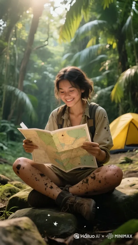 一位女子坐在丛林中，神情专注地低头阅读手中的地图，阳光透过枝叶间隙洒落在她的肩头与地图上，斑驳光影在地面轻轻晃动。四周环绕着翠绿植被与层叠树影，环境静谧而充满探险氛围。画面自然写实，光影柔和，人物与自然融为一体，展现沉浸式的丛林探险感[左移,右摇,跟随] by Hailuo AI Video Generator
