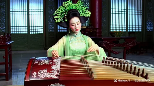 图片一：佳人抚筝初惊艳

1. 整体场景
画面呈现的是一个布置典雅的室内场景，雕花的门窗半掩，窗外月光如水洒入室内。室内摆放着一张精美的古筝，筝身木质纹理细腻，泛着柔和光泽，琴弦在月光下闪烁微光。一位身着华丽罗裙的女子端坐在筝前，姿态优雅。

2. 细节描绘

◦ 女子形象：她云髻高耸，发间点缀着翠绿色的珠翠，仿佛云朵般飘逸。面庞如花，双颊泛着旖旎的红晕，眼神明亮如秋水，灵动有神。双手纤细修长，十指仿若刚剥出的春葱，白皙鲜嫩。她身着的罗裙色彩艳丽，裙摆绣着精致的花卉图案，随着她的动作微微摆动。

◦ 古筝刻画：古筝上装饰着精美的银饰，甲片在月光下闪耀着明亮的光泽，如同细碎的星辰。琴柱质地温润如玉，仿佛与周围的环境融为一体。琴身的纹理犹如自然的画卷，每一道纹路都仿佛在诉说着岁月的故事。

◦ 环境烘托：室内摆放着古雅的桌椅，桌上放置着香炉，香烟袅袅升腾，散发出淡雅的香气。墙上挂着一幅山水画卷，增添了几分雅致的氛围。窗外的月光透过窗棂，在地面上形成斑驳的光影，与室内的灯光相互交织，营造出一种朦胧而迷人的氛围。

3. 氛围营造
画面以柔和的色调为主，粉色与绿色相互映衬，展现女子的娇艳与青春活力。通过月光、香炉等元素，营造出静谧而优雅的氛围，突出诗中对弹筝佳人美貌与优雅姿态的描写，契合“云髻飘萧绿，花颜旖旎红。双眸剪秋水，十指剥春葱”的意境。 by Hailuo AI Video Generator
