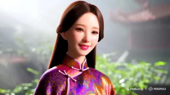 浪漫的一位中国女性，身高156厘米，体重56公斤。她的眼睛是淡褐色的，嘴唇是粉红色的。她穿的丝绸颜色很漂亮。 by Hailuo AI Video Generator