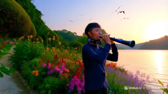 上午我在湖边，脖子上挂着脖带链接着电吹管，边走边吹，沉浸在这悠扬动听歌曲中，天空小鸟飞翔，湖边花草盛开，湖水荡漾 by Hailuo AI Video Generator
