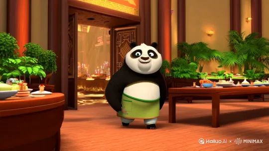 熊猫贝贝开了新餐厅招呼他的朋友在一起祝贺开业开心的吃。 by Hailuo AI Video Generator