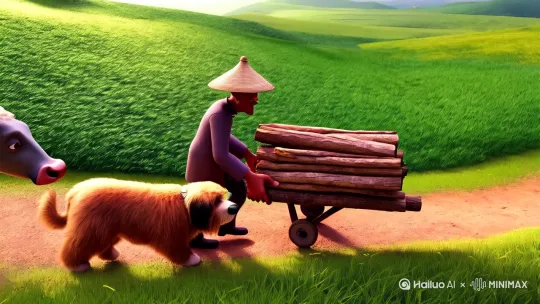 一只可爱的小狗 在乡村绿茵小道上帮老人拖柴
前面是老爷爷心爱的耕牛  中间是头戴草帽的老爷爷 远处是炊烟袅袅升起的农家院 一幅生机勃勃的画面 by Hailuo AI Video Generator