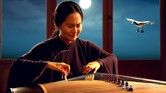 图片二：弦音流转情韵生

1. 整体场景
画面聚焦在女子弹奏古筝的瞬间。女子专注地拨弄着琴弦，神情投入，仿佛与古筝融为一体。随着她手指的舞动，美妙的乐声仿佛从画面中溢出。在想象的空间里，出现了与乐声相应的景象：天边有孤独的大雁因这乐声徘徊，秋风中飞蓬随风旋转。

2. 细节描绘

◦ 女子弹奏：女子的手指在琴弦上灵活跳动，指甲与琴弦触碰，发出清脆的声响。她的眼神专注于琴弦，表情随着乐声的节奏微微变化，时而眉头轻皱，时而嘴角上扬，将情感融入弹奏之中。衣袖随着动作飘动，如行云流水般自然。

◦ 乐声意象：想象中的断雁身姿矫健，翅膀在月光下闪烁着银色的光芒，它在空中盘旋，似乎被这深情的乐声所吸引，不愿离去。飞蓬则轻盈地旋转着，在风中快速飘动，象征着急奏时乐声的灵动与变幻。画面通过光影的处理，将现实中的女子与想象中的意象巧妙融合，仿佛乐声具有了神奇的魔力，能够将情感具象化。

◦ 光影表现：室内的灯光照亮女子的脸庞和手部，使其成为画面的焦点。而想象中的断雁和飞蓬则被一层淡淡的光晕笼罩，与现实场景既有区分又相互关联。光影的强弱对比，突出了乐声带来的情感冲击和画面的层次感。

3. 氛围营造
画面以丰富而生动的表现手法，营造出充满诗意与情感张力的氛围。通过将弹奏场景与乐声引发的想象相结合，展现出乐声的感染力，对应“移愁来手底，送恨入弦中。慢弹回断雁，急奏转飞蓬”，让观者仿佛身临其境，感受到弹筝过程中蕴含的深情与韵味。 by Hailuo AI Video Generator