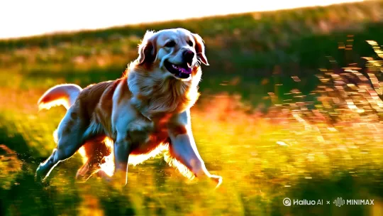 "A golden retriever running in a sunny meadow, dynamic pose with fur glowing under warm golden sunlight, grass flying around, soft bokeh background, vibrant colors, hyper-realistic style" by Hailuo AI Video Generator