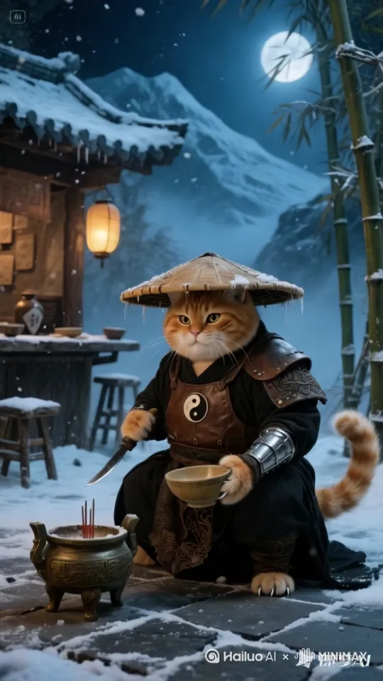 胖橘猫站起身，右手端碗做喝酒状 by Hailuo AI Video Generator