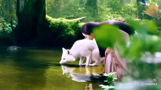 在一个灵性的森林，仙气飘飘的小溪旁一直白狐在喝水，白狐幻化成这个美貌的古装仙子 by Hailuo AI Video Generator