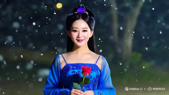 精致美丽，高质量，夜晚，一个中国女孩，成熟，有魅力，微笑，黑色长发，扎头发，紫玉钗，明亮的大眼睛，漂亮，玫瑰花，国风，身穿孔雀蓝吊带裙，错综复杂的细节，汉服，上半身，正面镜头，下雪，氛围感，汉服 by Hailuo AI Video Generator