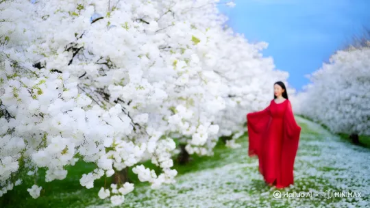 碧蓝天空下，有一望无际的梨花开放，一名黑色长发中国女子，鹅蛋脸，双眼皮，白皮肤，五官精致，气质温柔，身穿红色长纱裙，穿行在梨花丛中 by Hailuo AI Video Generator