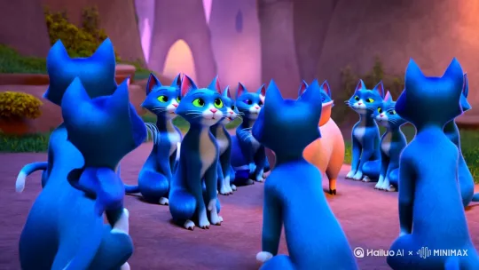 一群一群蓝色的猫围在猪旁边，这只猪走了下来，蓝色的猫们便避让，突然有一只蓝色的猫，把这只猪打得措手不及 by Hailuo AI Video Generator