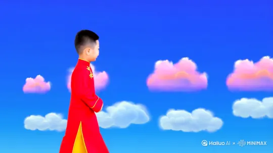 [右摇,变焦推进]一中国男孩身穿中国红！变身中国金龙，晴空万里突显七彩云朵！金龙慢慢升空腾飞！[推进,上升] by Hailuo AI Video Generator