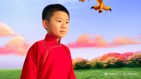 [右摇,变焦推进]一中国男孩身穿中国红！变身中国金龙，晴空万里突显七彩云朵！金龙慢慢升空腾飞！[推进,上升]男孩步步生莲，佛光普照，大地鲜花盛开， by Hailuo AI Video Generator