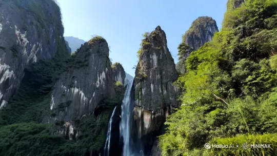 自然景观：滴水壶景区以独特的喀斯特地貌和自然景观闻名。景区内有终年流淌的高山溪流，从几十米高的悬崖峭壁垂泻而下，形成一个形似壶倾出水的小瀑布，因此得名“滴水壶”[^3^]。[右移,左摇,跟随] by Hailuo AI Video Generator