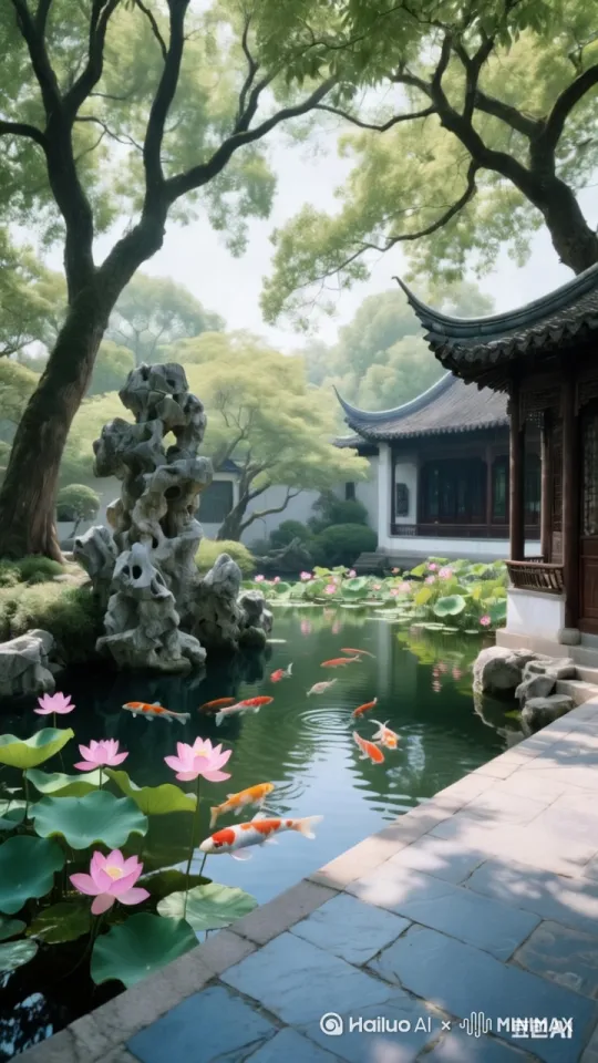 [固定镜头]树枝随风摆动，荷花随风摆动，鱼游动起来 by Hailuo AI Video Generator