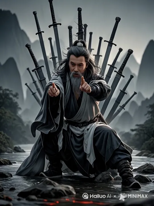 古战场场景,中年侠客身着黑色劲装束发站立,半蹲发力时双掌推出,身后数万把青铜宝剑盘旋汇聚成剑龙形态高速冲向屏幕,徐克式武侠电影美学风格,凌厉的镜头动态构图,尘土飞扬中剑刃破空的光效,4K高清画质呈现金属刮擦的火星飞溅,慢镜头展示剑群聚合时产生的空气扭曲特效,HDR增强青铜剑身的斑驳质感,背景留白处浮现水墨风格的剑气残影 by Hailuo AI Video Generator