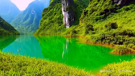 湖泊与溶洞：景区内有清澈见底的滴水湖，湖水四季常绿，倒影交错，被誉为“北方小九寨”。此外，景区内还有莲花洞，洞内有形态各异的钟乳石和溶洞景观[^5^][上升] by Hailuo AI Video Generator