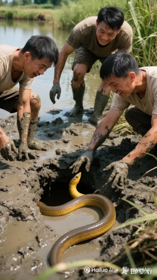 镜头移动，动态跟随，白衣男子扑向黄鳝，一头栽进泥里，黄鳝使劲挣脱男子的双手，犹如游龙般盘旋跳上男孩的头部，顺势跳进河里。 by Hailuo AI Video Generator
