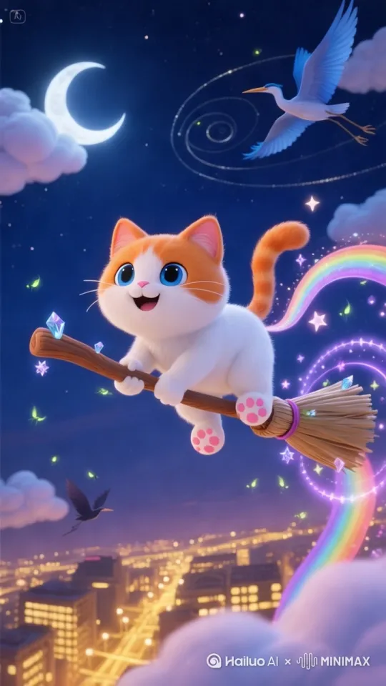 拟人化橘猫骑着魔法扫帚在夜空中飞行，橙白毛发精准分布身体两侧小块橙色与额头至脸颊区域，雪白身躯圆润如球，大头短腿造型憨态可掬，扫帚柄缠绕着发光星尘丝带，3D卡通风格展现木质扫帚纹理与魔法光效的粒子流动，背景深蓝夜空漂浮着棉花糖云朵与螺旋星轨，猫咪双爪紧握扫帚露出粉红肉垫，飞行时尾巴翘起形成波浪弧度，蓝眼睛倒映着掠过的萤火虫群，嘴角咧开表情开心，扫帚尾部拖拽出彩虹渐变光痕，气流卷起猫咪耳尖的绒毛，月光在毛发边缘勾勒银白色轮廓，下方城市灯光连成金色网格，俯视视角捕捉飞行轨迹的弧度与云层透视，魔法星光在肉垫周围形成环状光晕，扫帚枝杈间生长着发光水晶簇，飞行途中惊起的夜鹭展开翅膀泛起蓝紫色虹光。[推出,上升,下摇] by Hailuo AI Video Generator